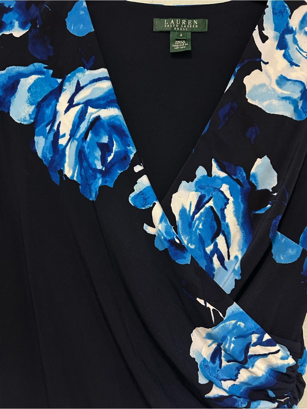 Lauren Ralph Lauren Navy Floral Faux-Wrap Dress with Blue Roses - Picture 3 of 8